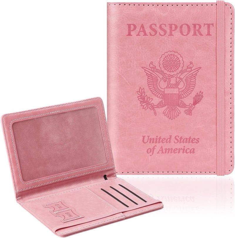 RHOttbiy Passport Holder for Travel, RFID Blocking Passport Cover with Pen Holder Leather Passport Wallet Case Travel Must Haves Accessories Passport Book Card Holder for Family Travel Essentials Gifts, Pink - Image 1